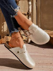 Women's Spring/Summer Flat Closed-Toe Slides - Popular Slip-On Slouchy Shoes With Belt Buckle, Fishing Net Woven Slippers Versatile Design. - Silver - View 2