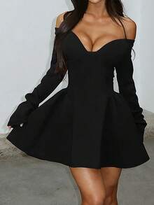 Onicee Sommerkleid, elegantes schwarzes Langarm A-Linien Partykleid, geeignet für Valentinstag, Dates, Zusammenkünfte, Partys, Reisen, Urlaub, Strand und andere Anlässe - Schwarz - Übersicht 3