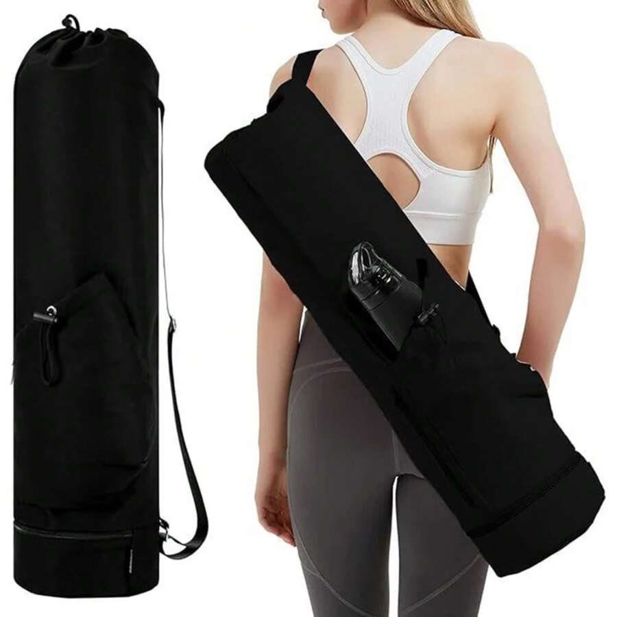 Bolsa para esterilla de Yoga y ejercicio de gran capacidad, bolsa de almacenamiento multifunción, bolsa de Fitness impermeable, correa de hombro ajustable de lona con cremallera completa XUTD - Negro - Ver 1