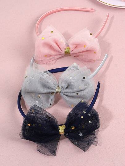3 st eleganta hårband med tyllrosett för flickor, rosa blågrå stjärnhårband, balettstil hårband för bröllopsfest, söta håraccessoarer för flickor alla hjärtans dag dagligen