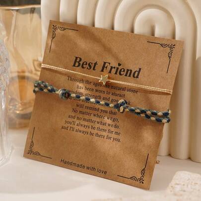 2件套时尚简约十字架吊坠手链，MGB角珠铜十字架手链，铜五角星四股棉绳编织手链，心形手链，可调节编织手链，闺蜜卡片，适合女性日常通勤、家庭、姐妹、生日礼物、家庭礼物、情人节礼物、女士礼物、周年纪念礼物