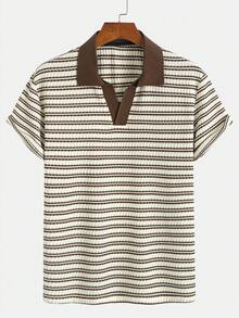 Plus Size Men's Classic Solid Color Knitted Elastic Textured Contrast Collar Polo Shirt, Casual Minimalist Versatile Suitable For Daily Wear, Commuting, Fashionable Retro Summer Top - Brown - View 3