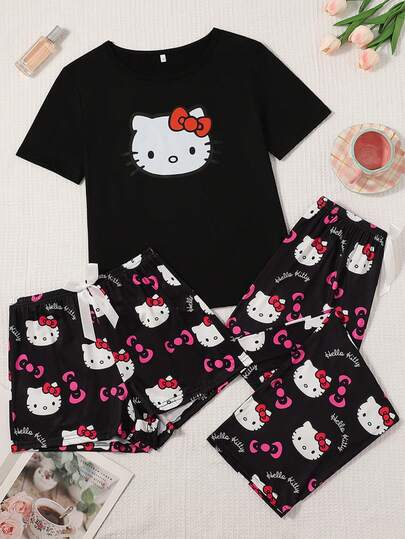  Conjunto de 3 piezas de ropa de dormir Sanrio para mujer, blusa de Hello Kitty con pantalones cortos y pantalones, ropa cómoda para el hogar, primavera/verano