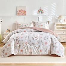 3pcs Floral Cotton Comforter Set For Girls, Pink Flowers N Leaves Botanical Design, Queen Size Soft N Cozy Bedding... - FlowersQueen88x88 - 查看 3