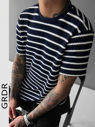  GRDR Men's Striped Jacquard Short Sleeve T-Shirt, New Summer Version, One Piece, Contrast Color Slim Fit Crew Neck Top