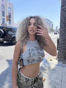 女士时尚休闲直筒宽松运动学院复古做旧百搭牛仔七分裤 夏季 - 淺灰色 - 查看 5