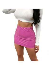 Women's Mini Leather Skirts Sexy Bright Skinny Bodycon Short Skirt Party Clubwear Night Out Skirt - 粉色 - 查看 2