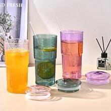20oz Colored High Borosilicate Glass Cup Set, 2 Pieces With Lids And Straws, Stylish Striped Design, Suitable For Iced Coffee, Juice, Milkshakes, Cold Drinks, And On-The-Go Use-A Fashionable And Durable Drinking Cup..(Pink) - 粉色 - 查看 4