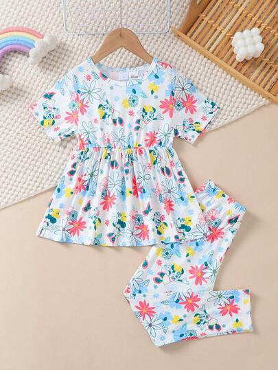 Disney 官方授权女童 - 可爱米妮两件套 - 圆领短袖上衣和长裤，米妮碎花图案，休闲夏季T恤，俏皮时尚，两件套，儿童短裤套装，女童服装