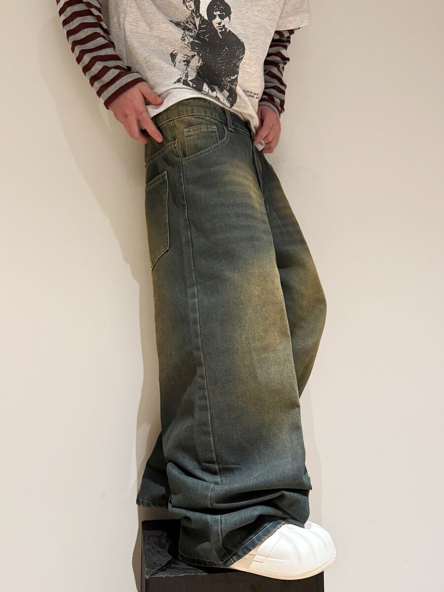 Hearty Haven 1pc Vintage Washed Retro High Street Straight Leg Loose Casual Versatile Wide Leg Dragging Jeans For Men