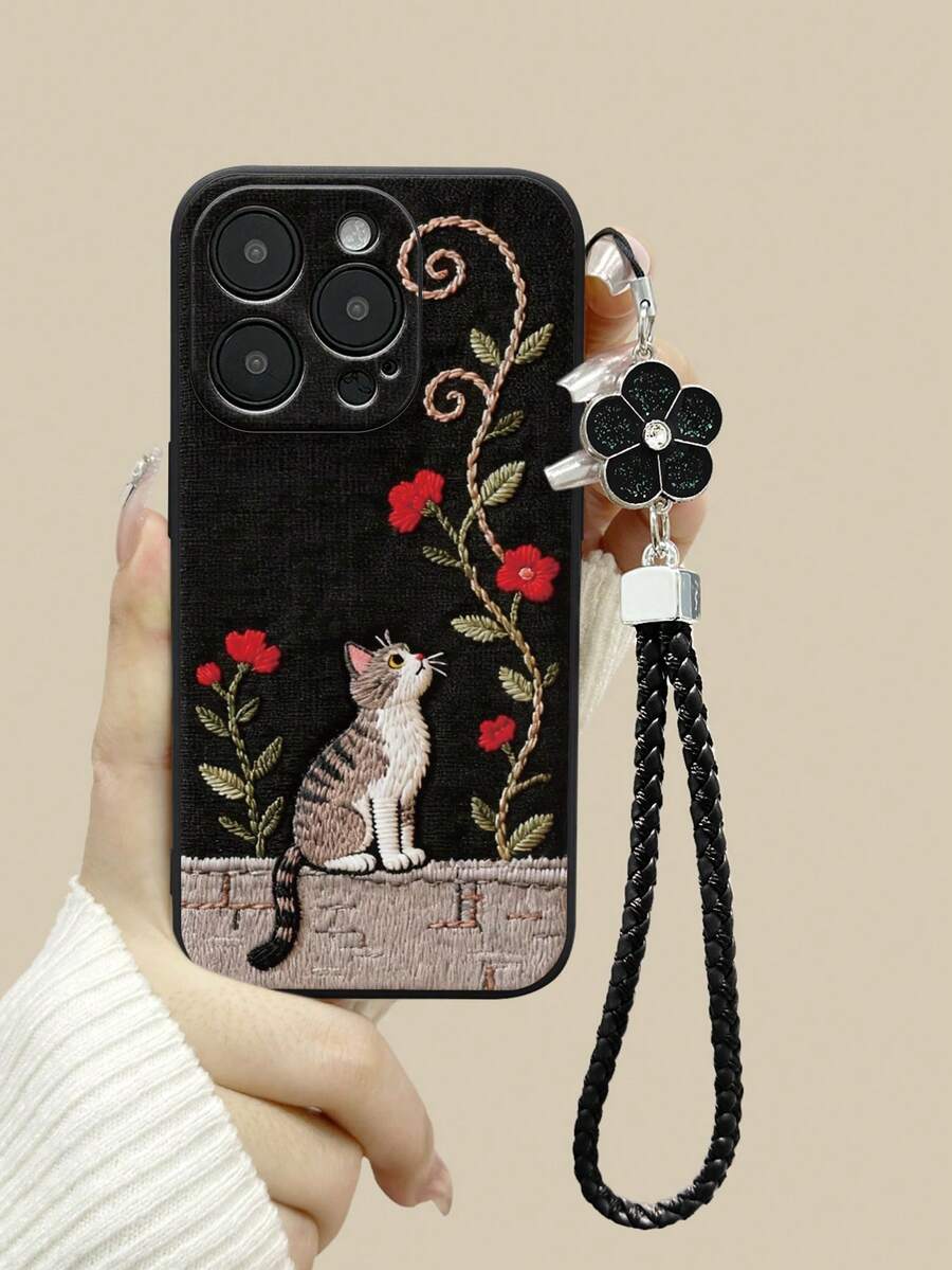 卡通猫咪镂空黑色五叶绳简约时尚创意防震手机壳，兼容 17/17 Pro/17 Pro Max/16/11/16 Pro/16 Plus/16 Pro Max/16E/15 Pro Max/13/14/12/XS/XR/7G/8P，以及三星Galaxy S26/S26 Plus/S26 Ultra S25/S25 Plus/S25 Ultra/A16/A36/A26/A56/A50/A12/A32/A52/A72/A51/A21S/A13/A14/S24/S24 Plus/S24 Ultra/S20/S23/S22/A53/S20 FE - 彩色 - 查看 1