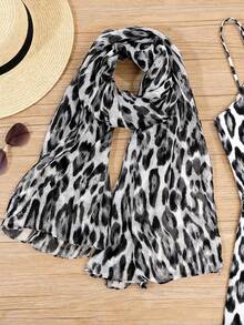 1件装女士轻薄豹纹围巾/头巾，多功能沙滩罩衫，适合日常穿着 - 黑與白 - 查看 4