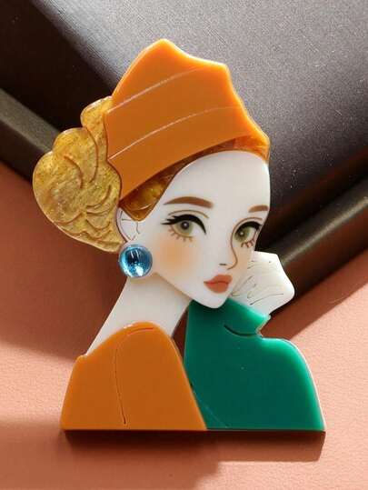 1pc Women's Fashion Acrylic Headscarf Girl Portrait Art Brooch, Stylish Unisex Personalized Badge