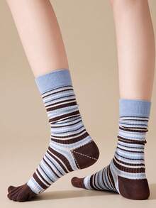 yuluan 1 Pair Women's Cotton Stripe Mid-Calf Socks, Breathable Moisture-Wicking Odor-Resistant Five Finger Socks, Elastic & Seamless, Multi-Color, Suitable For Spring, Summer, Autumn - Multicolor - View 12