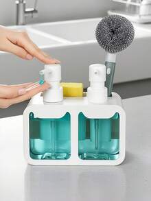 四合一厨房水槽收纳架 - 双皂液器，带海绵架和刷架，实用厨房/浴室皂液器，厨房收纳架，台面皂液器，洗洁精分配器，浴室皂液器，皂液容器，厨房配件，浴室配件，家居收纳，现代家居装饰，秋季装饰 - 彩色 - 查看 2