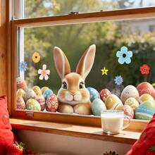 1/2pcs Easter Peeping Bunny Window Stickers, Cute Rabbit & Easter Eggs Floral Static Cling Decals, Removable Spring Party Home Decor, Holiday Decoration For Shops - Multicolor - View 8