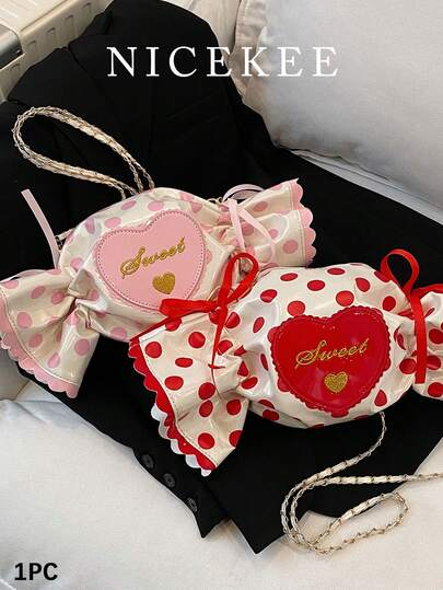 Cute Simulation Candy Shaped Crossbody Bag, Niche Design, Personalized Color Blocked Wave Decoration Metal Chain Shoulder Bag, Fashionable And Daily Versatile Shaped Bag, Equipped With Ribbon Decoration, Suitable For Valentine's Day And Outdoor Shopping And Dining, Etc