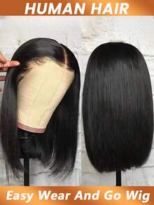 4x4 Straight Short Bob Wig Remy Human Hair Glueless Wigs Pre Cut Lace Closure Put And Go Wig Pre Plucked With Baby Hair Wigs 180% Density - Natural Black - View 4