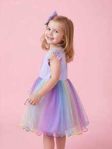 Young Girls' Spring/Summer Cartoon Unicorn Cap Sleeve Ombre Colorful Mesh Princess Dress, Cute & - Purple - View 7