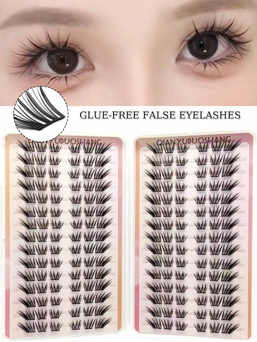 180片免胶假睫毛，自粘式漫画风格假睫毛，自然款 - 超薄C型卷翘簇状假睫毛，新手友好型DIY假睫毛，无损伤佩戴，持久定型，适合派对、拍照、戏剧等场合 - 易于佩戴，质地柔软，假睫毛，睫毛，簇状假睫毛，化妆 - C - 查看 1
