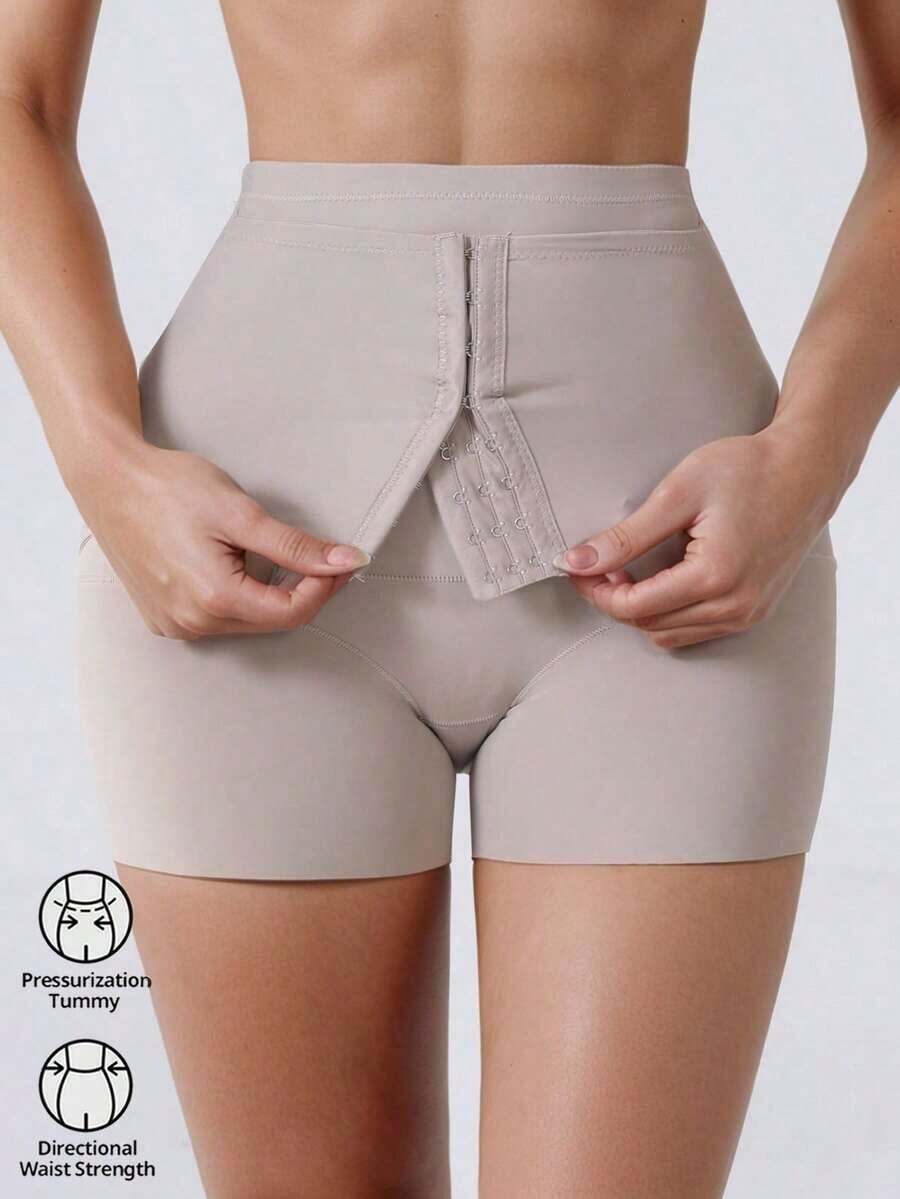 High Waist Button Design Belly Control Pants, Seamless Postpartum Slimming Shapewear Tummy Shaping Leggings Women - 杏 - 查看 1