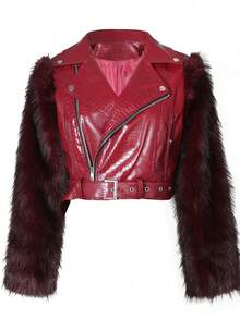 Women Faux Fur Coats - Red - View 4