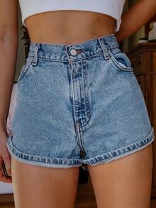 Quần short denim không co giãn dành cho nữ sinh trung học, có túi và thêu họa tiết. - Rửa nhẹ - Xem 2