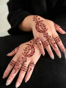 1 Temporary Tattoo Sticker With A Moon And Flower Design In A Wine-Red Color – ManHaiti Design Tattoo Stickers, Water- And Sweat-Resistant, Suitable For Various Parties And Body Painting Events. - Burgundy - View 3