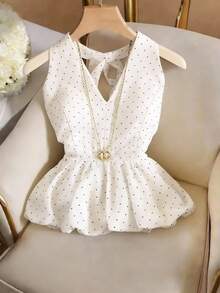 女士波点吊带系带休闲优雅百搭V领修身露背蝴蝶结下摆短款背心，春夏款，女士夏季穿搭，夏季上衣，女士沙滩装，女士外套，度假，海边，荷叶边，波点 - 黑與白 - 查看 2