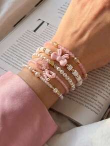 6pcs Glass Bead & Faux Pearl Soft Clay Handmade Stacking Bracelets, Pink Series Cute Sexy Versatile Holiday Y2K Bow Heart Bracelet Set