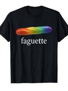 Men Black Fun Baguette Rainbow Pride Month T-Shirt Crew Neck Short Sleeve Heat Transfer Print Casual Regular Fit Breathable Fabric Perfect For Summer And Spring Daily Wear - 黑色 - 查看 1