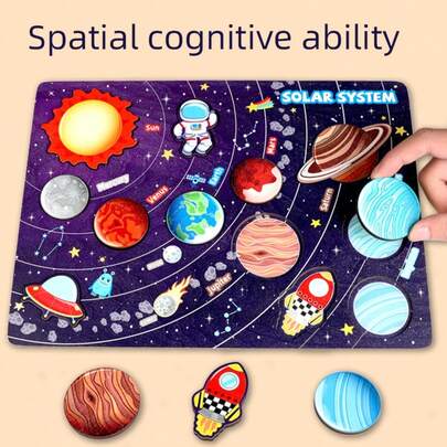 Children's Solar System 8 Planets Matching Game Puzzle Cognitive Board, Preschool Early Education Intelligent Wooden Toy