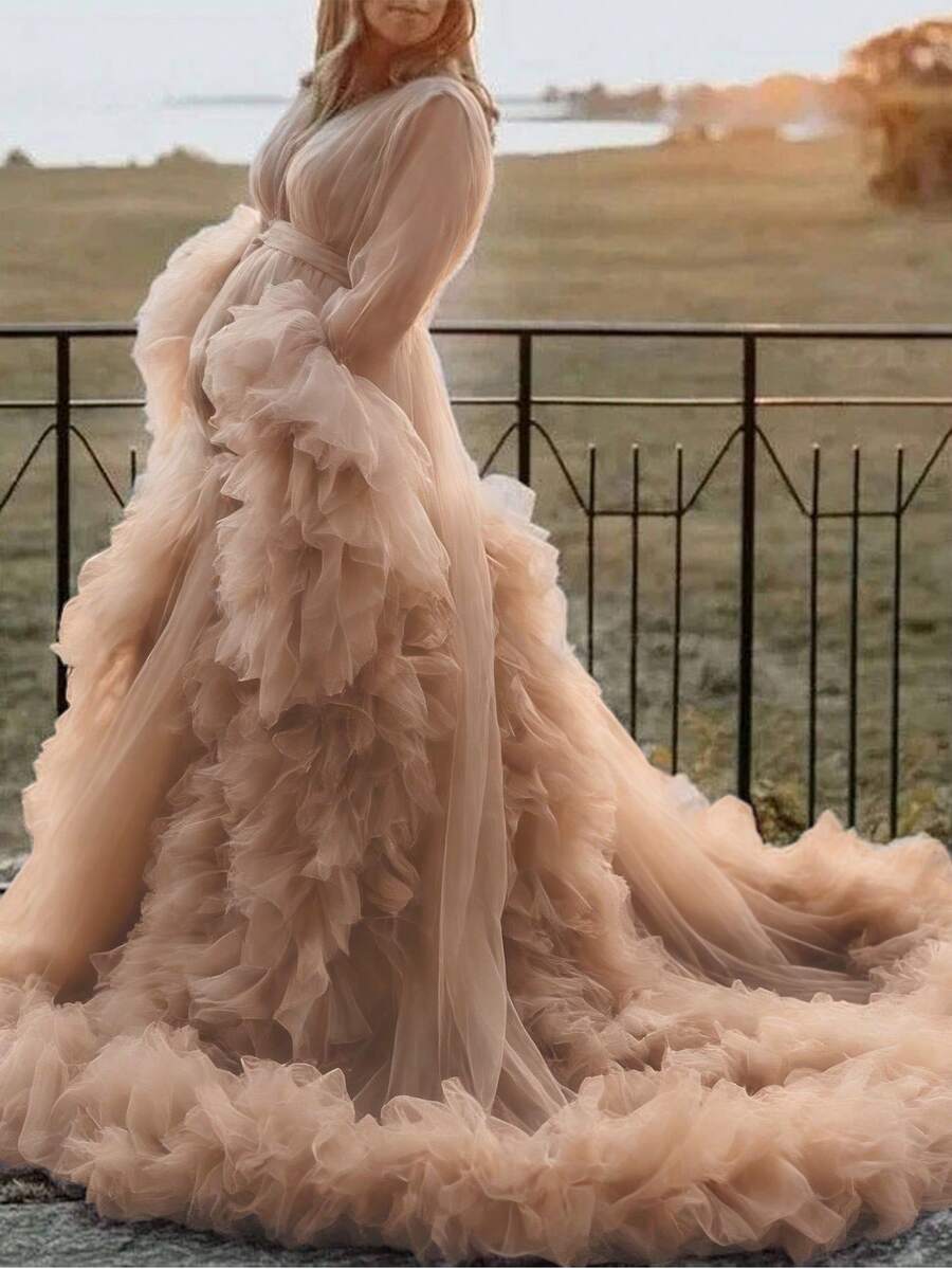 Maternity Dress  Wedding 1pc  Floral    Party  Elegant    Mesh Fabric    Knot  Ruffle Hem   Summer Fall Spring Winter  Ruffles  Long Sleeves  Kimono  Pregnant Gowns For Photoshoot  Plus Size  Gift For Valentine Day - 香檳色 - 查看 1