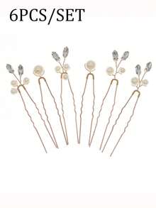 6/12pcs Boho Leaf Design Pearl Hair Sticks, Romantic Gold Tone Hair Jewelry Gift For Women Party - Gold - View 8