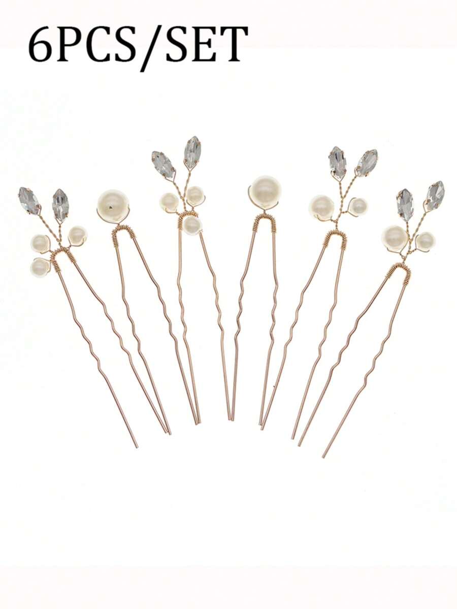 6/12pcs Boho Leaf Design Pearl Hair Sticks, Romantic Gold Tone Hair Jewelry Gift For Women Party,Wedding Hair Accessories
