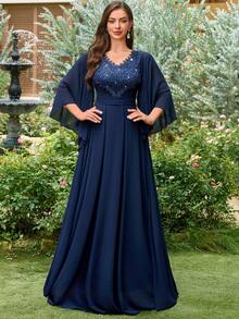 MIUSOL Colorblock Sequin Floral Lace V-Neck Ruffle Sleeve Chiffon Maxi Formal Party Dress Wedding Spring - Navy Blue - View 3