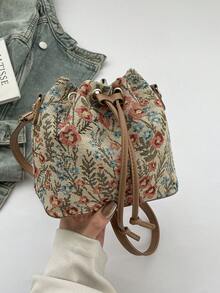 新款中国风单肩包，书法单肩包，复古印花水桶包，女士休闲时尚手提包，春季托特包 - 彩色 - 查看 7