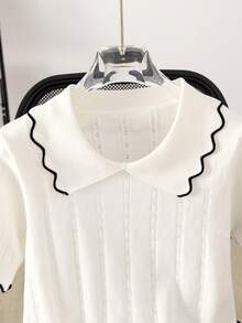 彼得潘领轻薄针织短袖T恤，女士夏季新款时尚上衣，撞色条纹罗纹 - 白色 - 查看 4