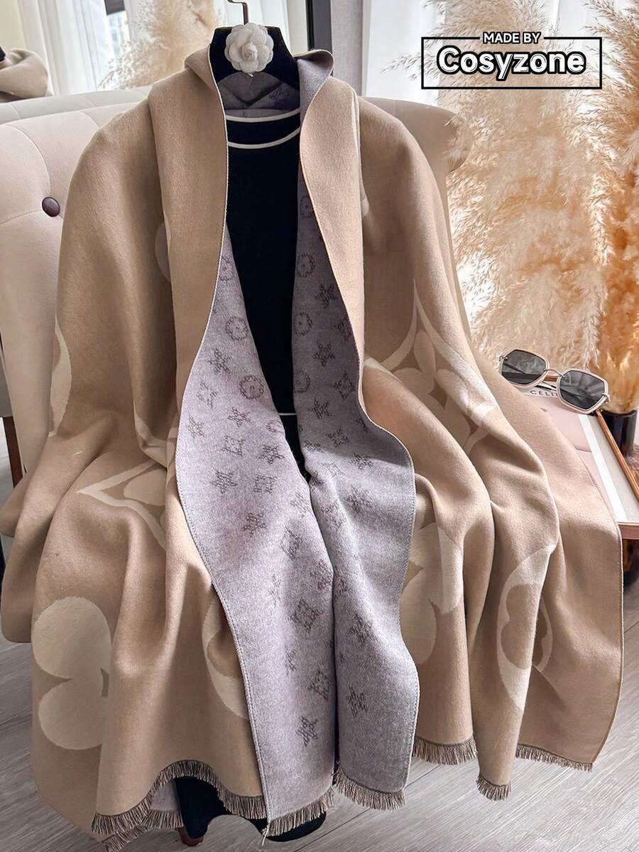 1 chiếc khăn choàng cổ giả cashmere họa tiết cỏ bốn lá tối giản, ấm áp dành cho nữ, thích hợp cho phòng điều hòa, phụ kiện giữ ấm cổ thời trang đa năng cho mùa thu/đông, món quà lý tưởng. - Màu be - Xem 1