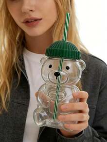 Cute Bear Straw Cup With Lid & Straw | Plastic, Reusable, Honeybear Cup, Cute Mugs Bears Sippy Cups, Ideal For Hot And Cold Drinks, Coffee, Wine, Juice, Smoothies, Boba, Birthday Gift, High Aesthetic Value, Party Drinkware, Valentine'S Day, New Year Gift, Exquisite Creative Gift, Ramadan Gift (Candy Cane Stripes) - Multicolor - View 1