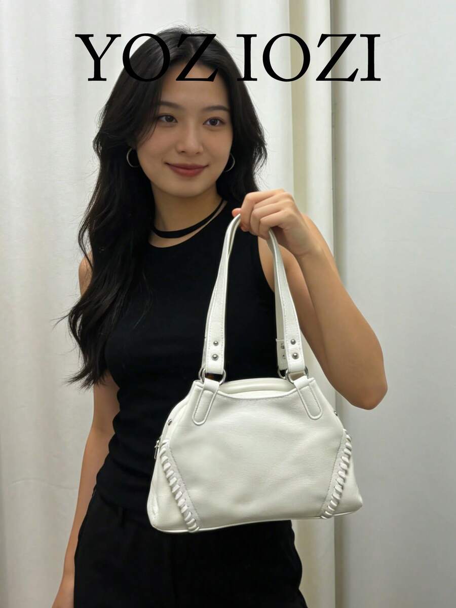 韩式小众设计摩托车包，复古百搭时尚腋下单肩包，通勤、休闲、日常、办公皆宜 - 白色 - 查看 1