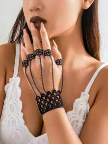 1pc Gothic Style Women's Black Sexy Hollow Lace Bracelet With Adjustable Semi-Open Ring, Tassel, Punk Butterfly Finger Ring Bracelet, Fashion Accessory - Multicolor - View 11