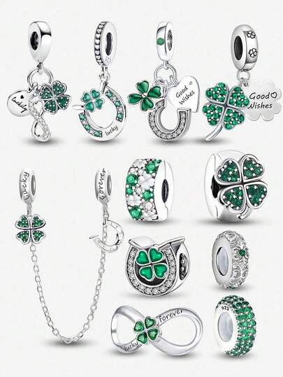 1pc Silver-Plated Green Clover Infinity Chain Pendant, Suitable For Women Bracelet DIY Jewelry