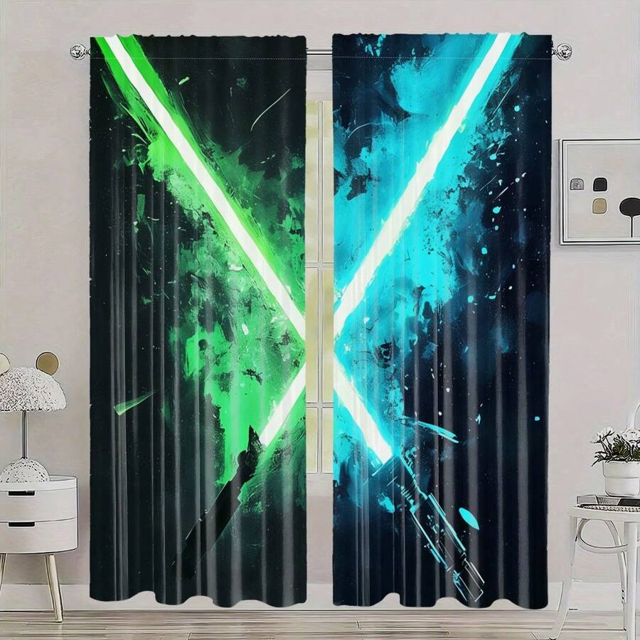 2pcs Set Lightsabers And Paint Printed Blackout Curtains, Thermal Insulation, Rod Pocket Design – Perfect Christmas Decor For Living Room And Bedroom - Nhiều màu - Xem 1