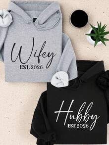 'Wifey' & 'Hubby' EST. 2026 Matching Couple Hoodies, Wedding Gift, Couple Honeymoon Bride And Groom Pullovers, Newly Couple Est 2026 Gift For Fiance ODT-1934 - 妻子 - 查看 1