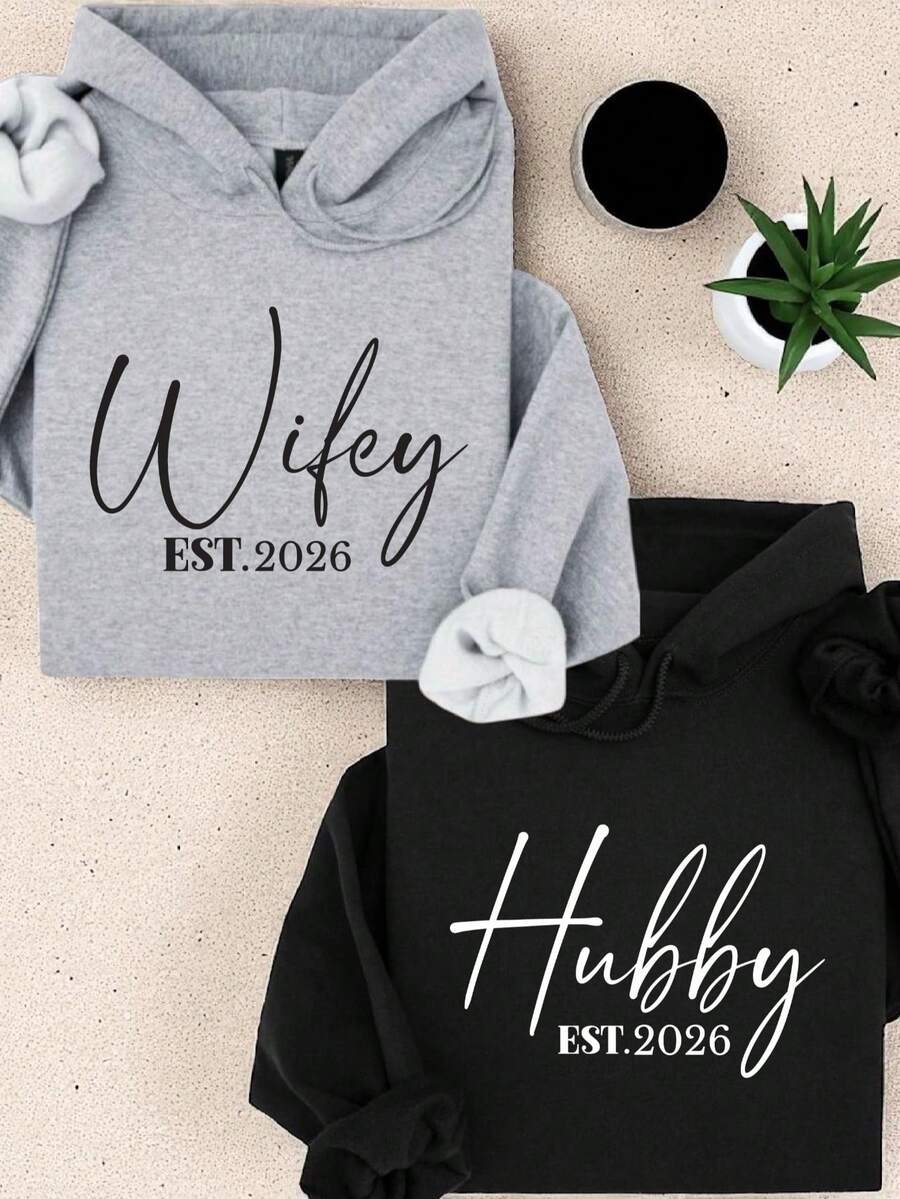 'Wifey' & 'Hubby' EST. 2026 Matching Couple Hoodies, Wedding Gift, Couple Honeymoon Bride And Groom Pullovers, Newly Couple Est 2026 Gift For Fiance ODT-1934 - 妻子 - 查看 1
