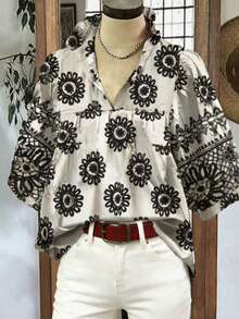 Women's Loose Fit Sunflower Print Petal Sleeve Blouse, Spring/Summer - Black and White - View 1
