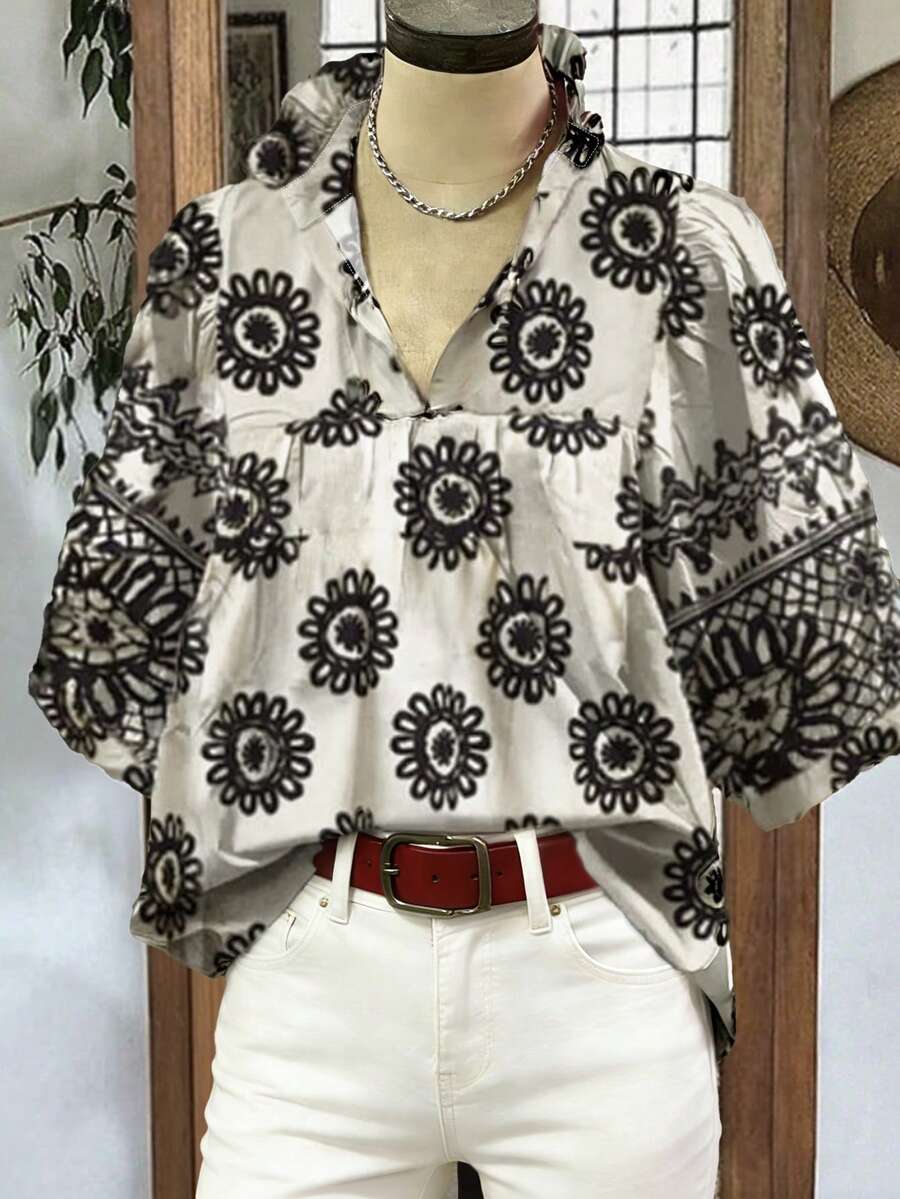 Women's Loose Fit Sunflower Print Petal Sleeve Blouse, Spring/Summer - Black and White - View 1