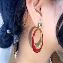 Elegant Bohemian Style Burgundy Glossy Gold-Tone Oval Hoop Drop Earrings - Vintage Bold Light Luxury Style,Upgraded High-Quality Stylish Premium Women's Earrings - Versatile Accessory For Daily Wear/Commute/Dates/Weddings/Vacations, Perfect Holiday Gift For Girlfriends, Moms, Besties And Sisters - 酒紅色 - 查看 3