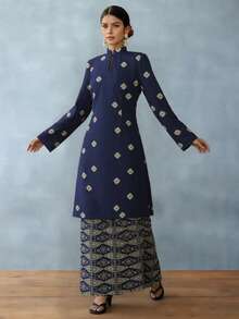 Bộ 2 món Baju Pahang nữ thanh lịch, cổ tàu, in họa tiết, tay dài, phù hợp cho mặc hàng ngày và ngày lễ. - Màu xanh hải quân - Xem 3